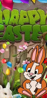 Vibrant Easter wallpaper with bunnies and balloons.