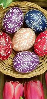 Colorful Easter eggs in a woven basket.