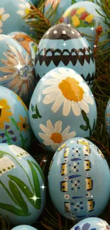 Beautifully painted Easter eggs with intricate floral designs on a blue background.