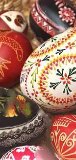 Colorful Easter eggs with intricate designs.