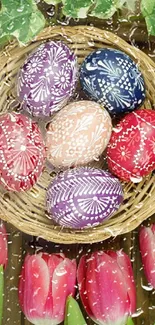 Basket of colorful Easter eggs with tulips.