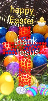 Easter egg basket with a thank Jesus cross overlay and grass background.