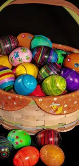 Colorful Easter eggs in a wicker basket on a dark background.