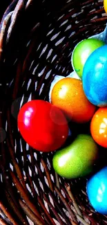 Colorful Easter eggs in a woven basket.