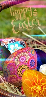 Wicker basket with colorful Easter eggs on green grass.