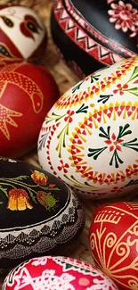 Intricately decorated Easter eggs in a wicker basket, featuring vibrant colors.