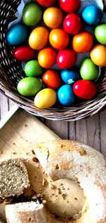 Basket of colorful Easter eggs with wooden table background.