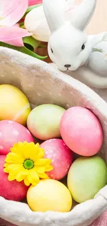 Easter egg basket with bunny and flowers in spring colors.