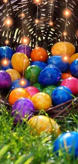 Vibrant Easter eggs spill from a basket with magical glowing lights.