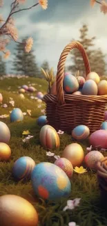 Colorful Easter eggs in a wicker basket on green grass.