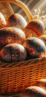 Basket of colorful patterned Easter eggs.