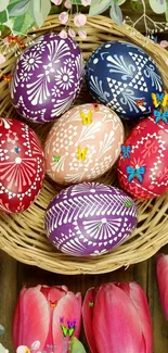 Colorful Easter eggs in a wicker basket with butterflies.