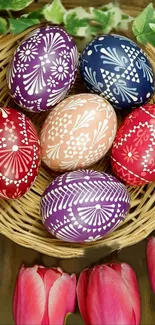 Colorful Easter eggs in a wicker basket with vibrant floral accents.