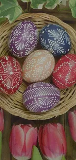 Basket of Easter eggs with spring flowers in a colorful, festive design.