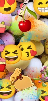 Colorful Easter eggs with playful emojis overlay.