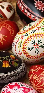 Vibrant Easter eggs with intricate designs in a wicker basket.
