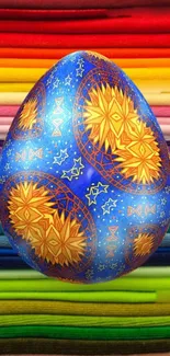 Intricate Easter egg on colorful fabric layers.