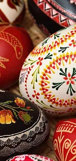 Colorful Easter eggs with intricate designs.