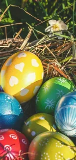 Vibrant Easter eggs nestled in grass.