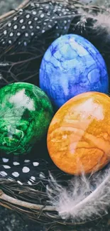 Colorful Easter eggs in a nest.