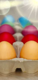 Colorful Easter eggs in a carton with sunlight effect.