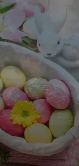 Easter bunny with colorful eggs in basket and flowers.