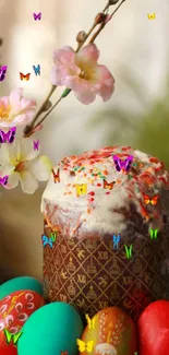 Colorful Easter eggs, butterflies, and flowers mobile wallpaper.