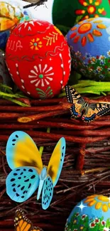 Colorful mobile wallpaper with Easter eggs and butterflies.