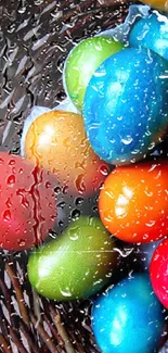 Colorful Easter eggs with raindrops in basket.