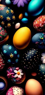 Colorful Easter eggs with intricate designs and vibrant patterns on display.