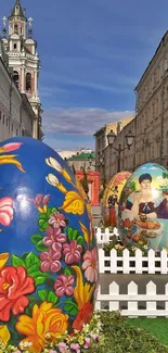 Vibrant street with Easter eggs and floral art.