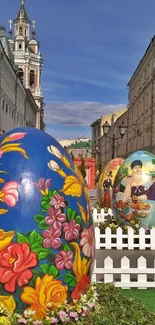 Colorful Easter eggs displayed in a vibrant street setting.