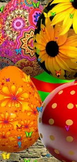 Colorful Easter eggs against a stone wall backdrop.