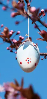 Colorful Easter eggs hanging on a branch against a blue sky.