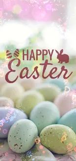 Colorful pastel Easter eggs with 'Happy Easter' text.