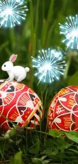 Easter-themed wallpaper with eggs, bunny, and fireworks in green grass.