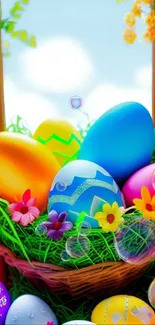 Colorful Easter eggs in a basket with flowers.