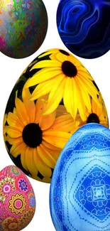 Colorful Easter eggs with floral and intricate designs on a white background.