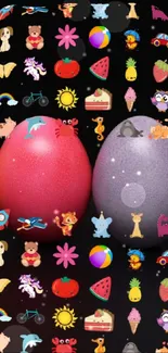 Colorful Easter eggs with whimsical icons on a black background.