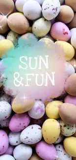 Pastel Easter eggs with 'Sun & Fun' text.