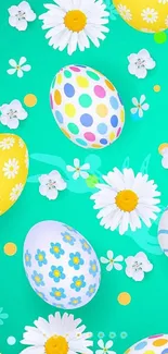 Vibrant Easter eggs and spring flowers on a teal background.