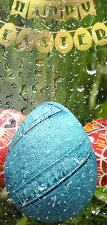 Vibrant Easter eggs with raindrops and a Happy Easter message on a green background.