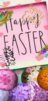 Colorful Easter eggs with festive message in pastel hues.