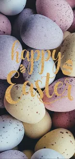 Vibrant Easter eggs with Happy Easter text in pastel colors.