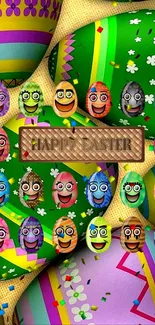 Vibrant Easter eggs with smiling faces and a festive Happy Easter message.