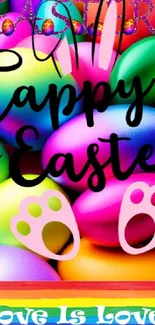 Colorful Easter egg wallpaper with love message and rainbow design.