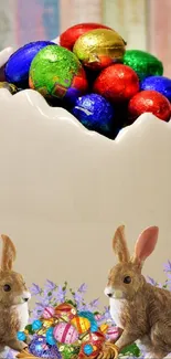 Easter-themed wallpaper with colorful eggs and rabbits in a cracked egg design.