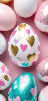 Colorful Easter eggs with hearts and gold accents.