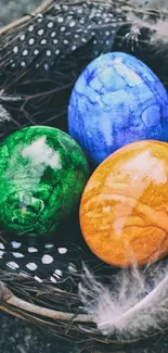 Colorful Easter eggs in a rustic basket wallpaper.