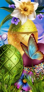 Colorful Easter eggs with butterfly on floral background.